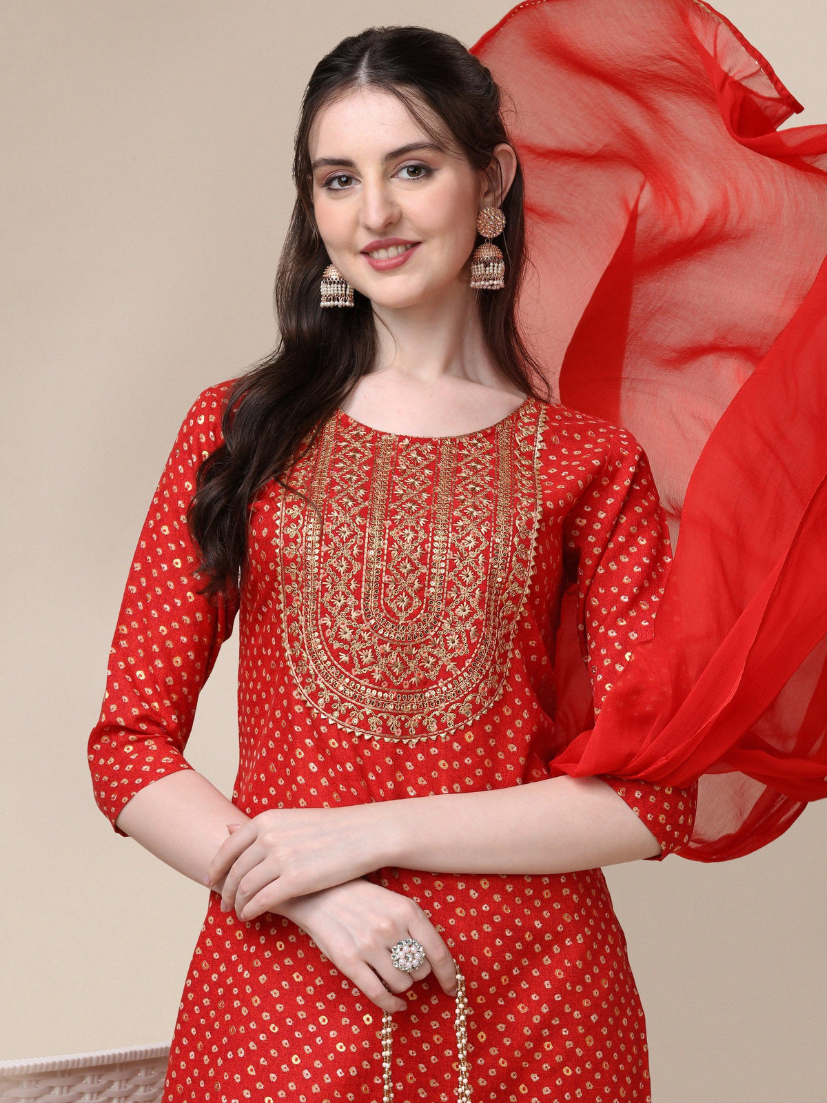 Embroidered Kurta With Pant And Dupatta Set, Multicolor - Hiral Fashion | Grocsy