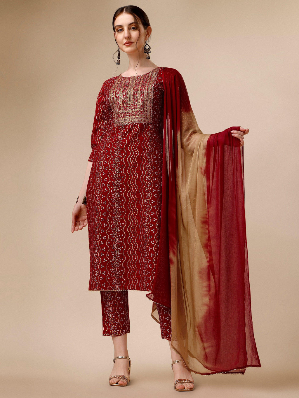 Bandhni Printed & Embroidered Kurta With Pant And Dupatta Set, Multicolor - Hiral Fashion | Grocsy