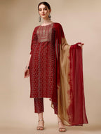 Bandhni Printed & Embroidered Kurta With Pant And Dupatta Set, Multicolor - Hiral Fashion | Grocsy