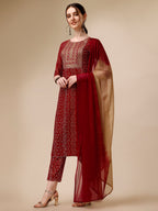 Bandhni Printed & Embroidered Kurta With Pant And Dupatta Set, Multicolor - Hiral Fashion | Grocsy