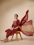 Bandhni Printed & Embroidered Kurta With Pant And Dupatta Set, Multicolor - Hiral Fashion | Grocsy