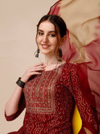 Bandhni Printed & Embroidered Kurta With Pant And Dupatta Set, Multicolor - Hiral Fashion | Grocsy
