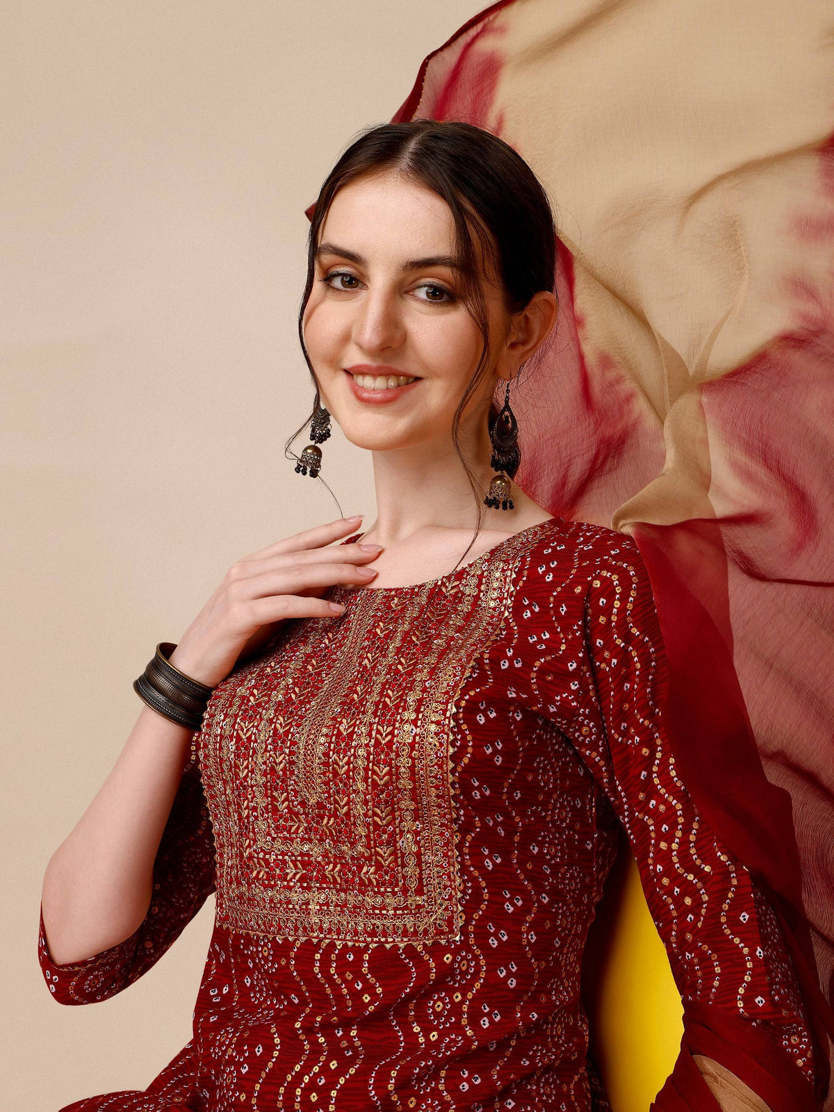 Bandhni Printed & Embroidered Kurta With Pant And Dupatta Set, Multicolor - Hiral Fashion | Grocsy