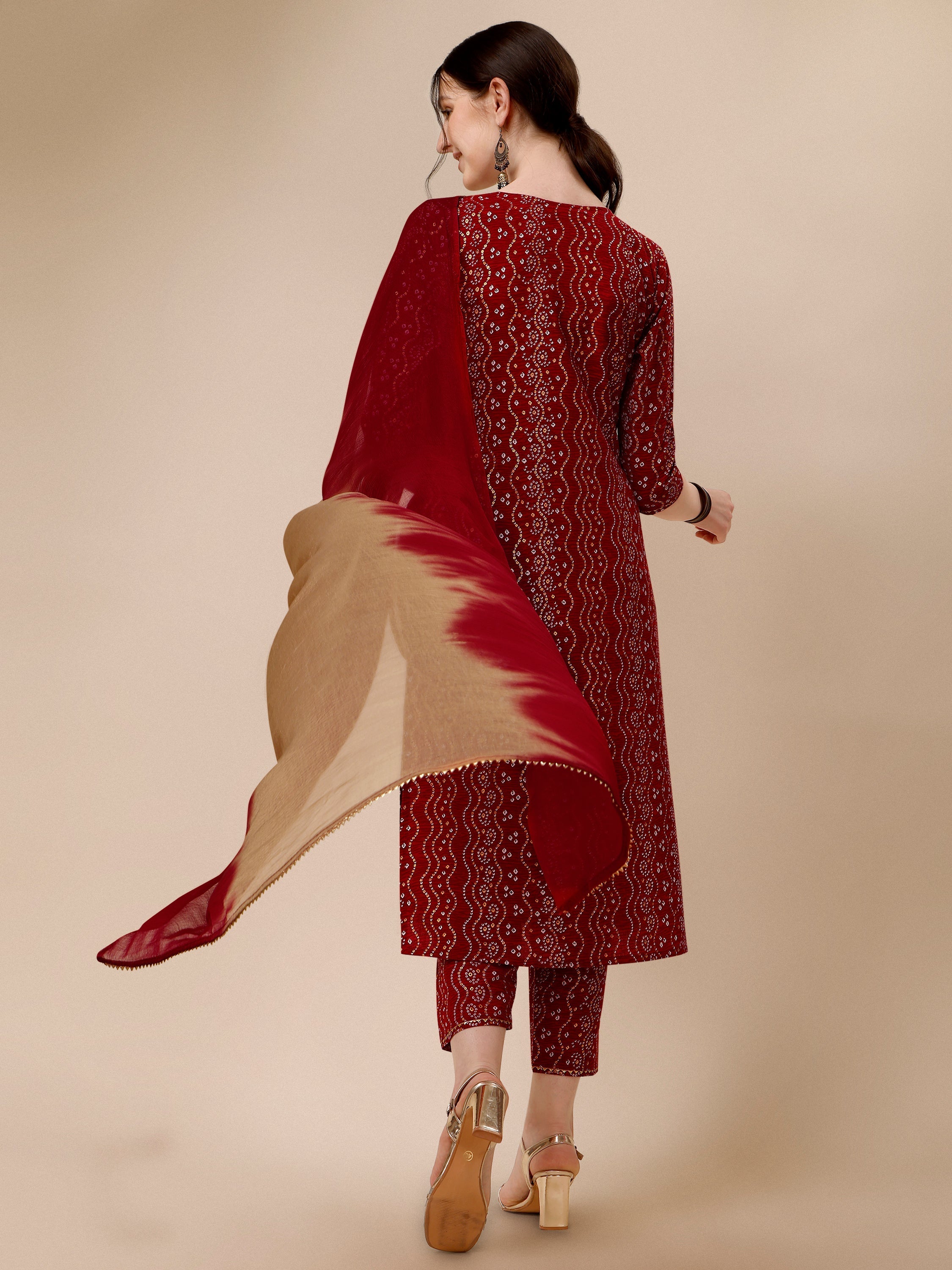 Bandhni Printed & Embroidered Kurta With Pant And Dupatta Set, Multicolor - Hiral Fashion | Grocsy