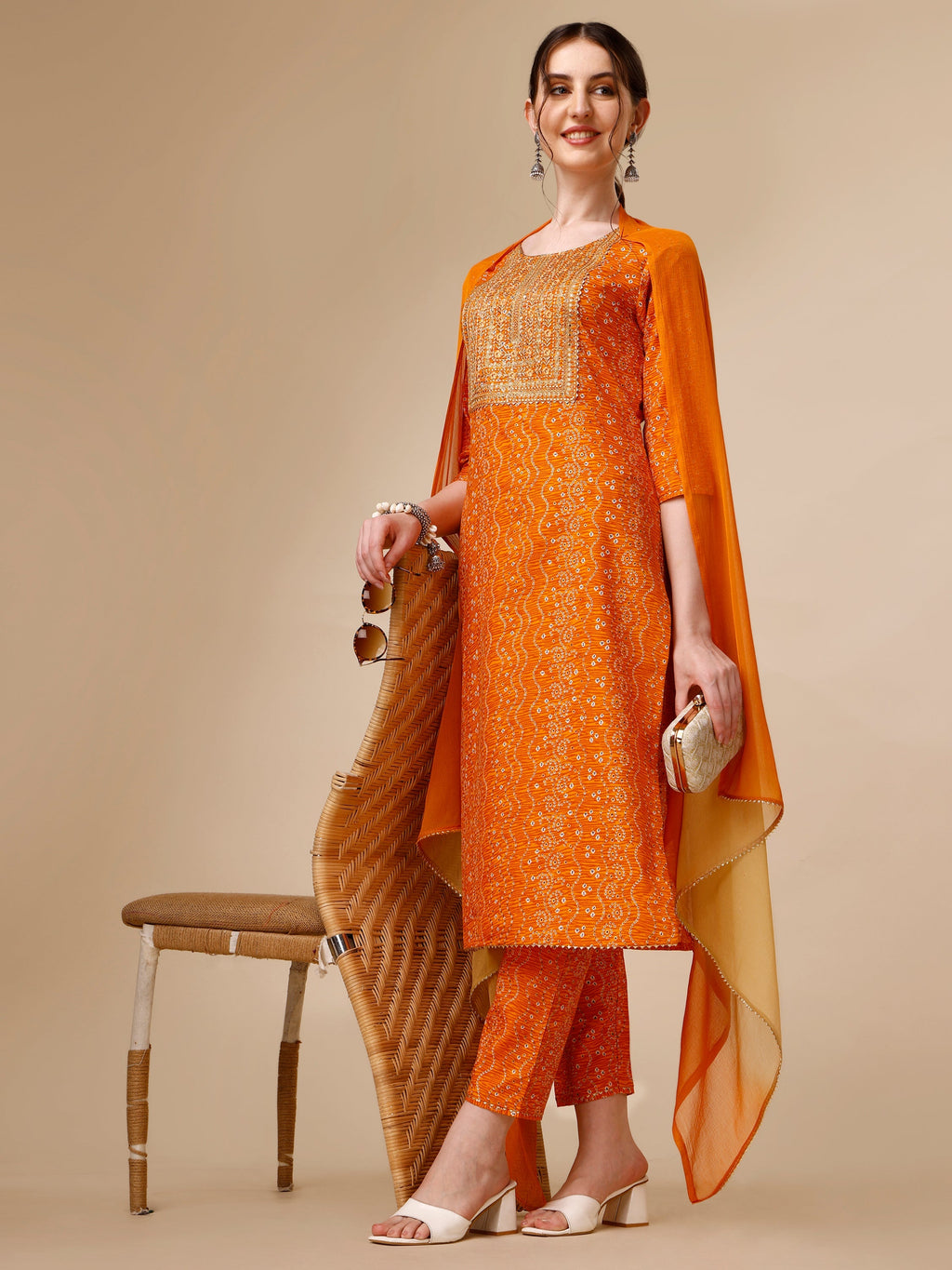 Bandhni Printed & Embroidered Kurta With Pant And Dupatta Set, Multicolor - Hiral Fashion | Grocsy