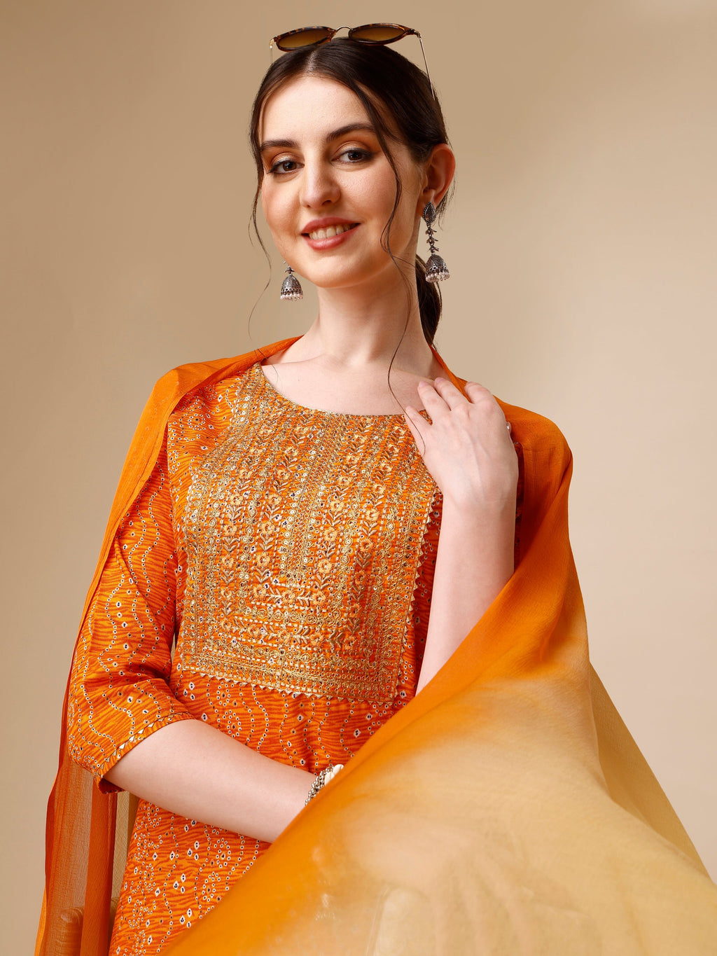 Bandhni Printed & Embroidered Kurta With Pant And Dupatta Set, Multicolor - Hiral Fashion | Grocsy
