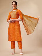 Bandhni Printed & Embroidered Kurta With Pant And Dupatta Set, Multicolor - Hiral Fashion | Grocsy