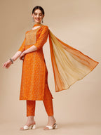 Bandhni Printed & Embroidered Kurta With Pant And Dupatta Set, Multicolor - Hiral Fashion | Grocsy