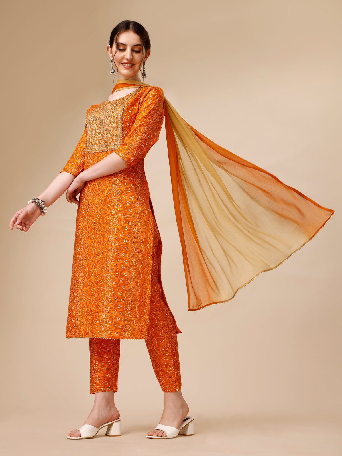 Bandhni Printed & Embroidered Kurta With Pant And Dupatta Set, Multicolor - Hiral Fashion | Grocsy