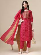Bandhani Printed & Embroidered Kurta With Pant & Dupatta Set, Multicolor - Hiral Fashion | Grocsy