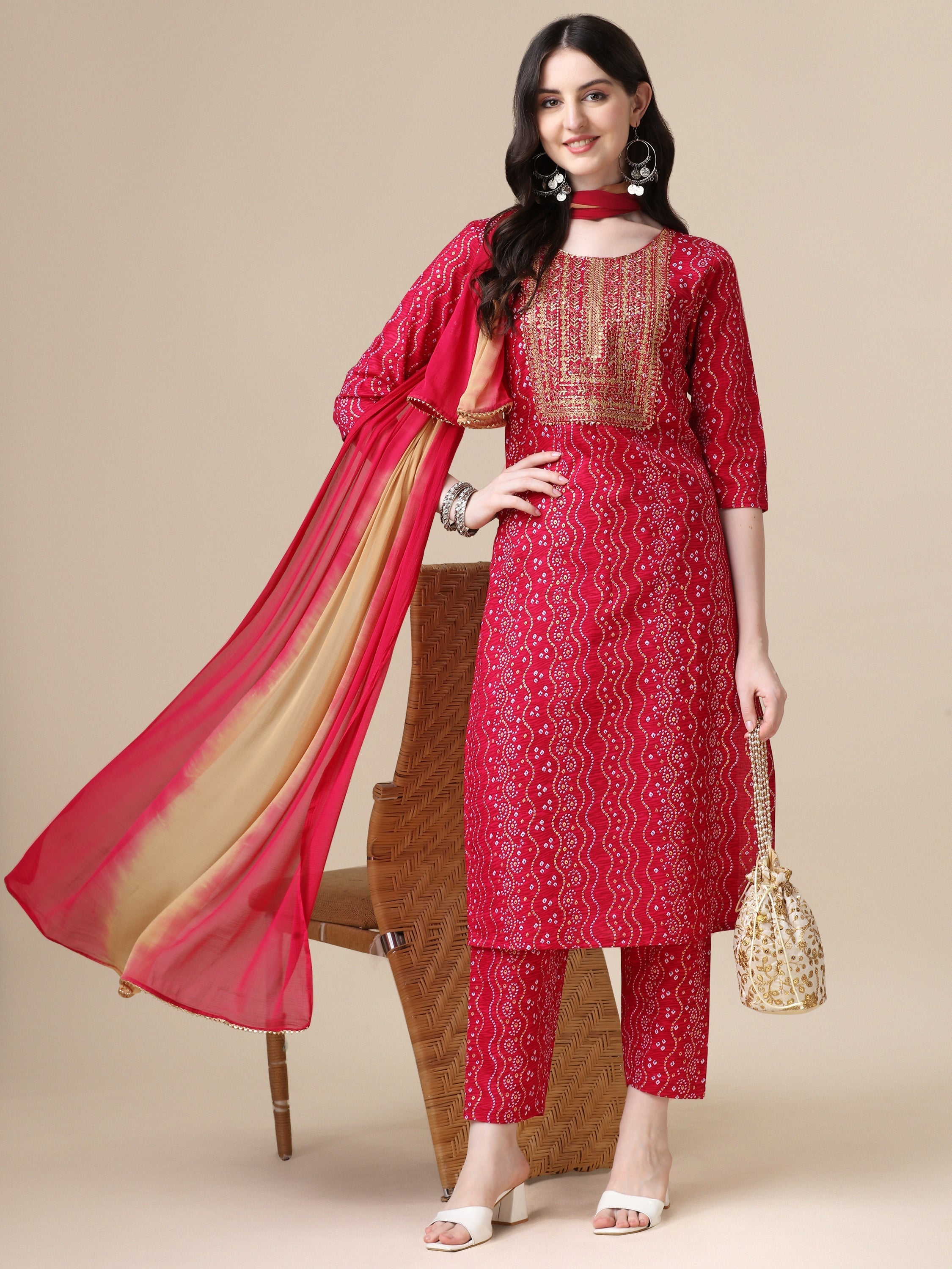 Bandhani Printed & Embroidered Kurta With Pant & Dupatta Set, Multicolor - Hiral Fashion | Grocsy