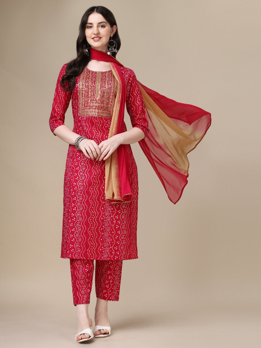 Bandhani Printed & Embroidered Kurta With Pant & Dupatta Set, Multicolor - Hiral Fashion | Grocsy