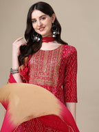 Bandhani Printed & Embroidered Kurta With Pant & Dupatta Set, Multicolor - Hiral Fashion | Grocsy
