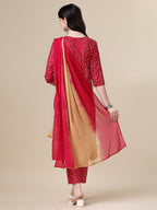 Bandhani Printed & Embroidered Kurta With Pant & Dupatta Set, Multicolor - Hiral Fashion | Grocsy