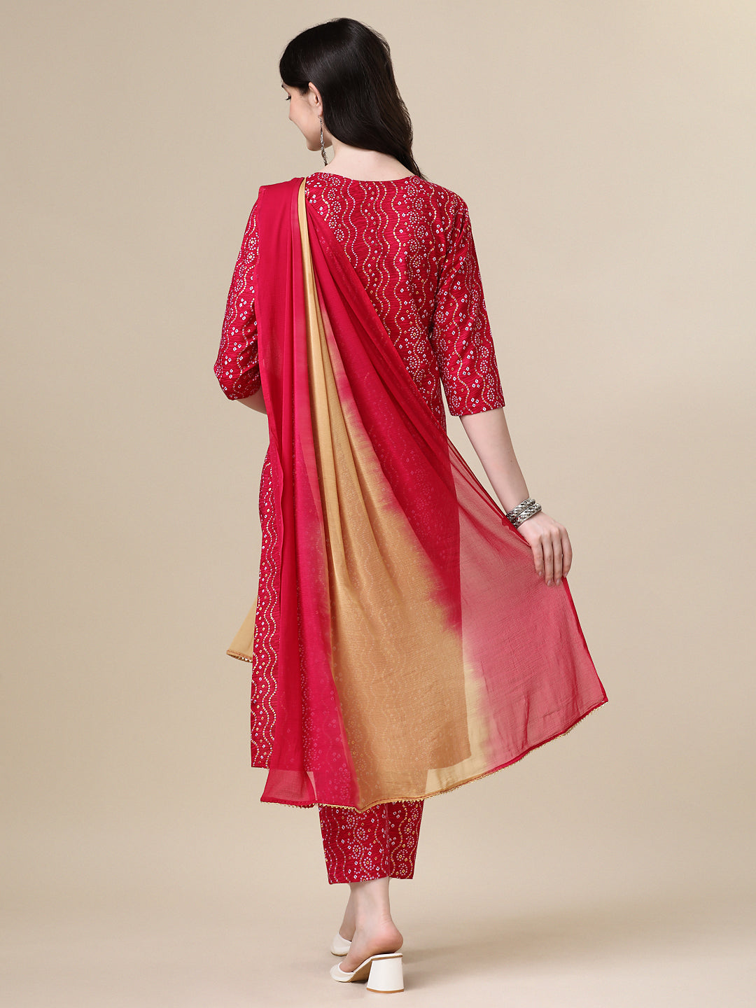 Bandhani Printed & Embroidered Kurta With Pant & Dupatta Set, Multicolor - Hiral Fashion | Grocsy