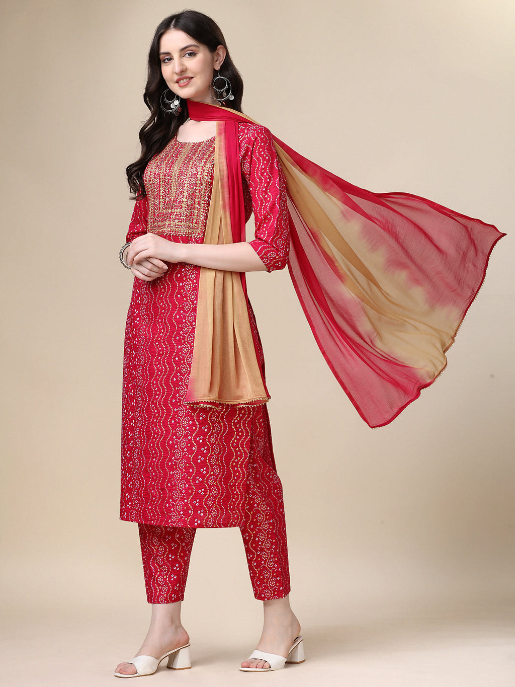 Bandhani Printed & Embroidered Kurta With Pant & Dupatta Set, Multicolor - Hiral Fashion | Grocsy