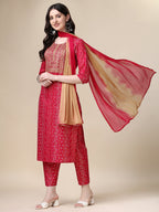 Bandhani Printed & Embroidered Kurta With Pant & Dupatta Set, Multicolor - Hiral Fashion | Grocsy