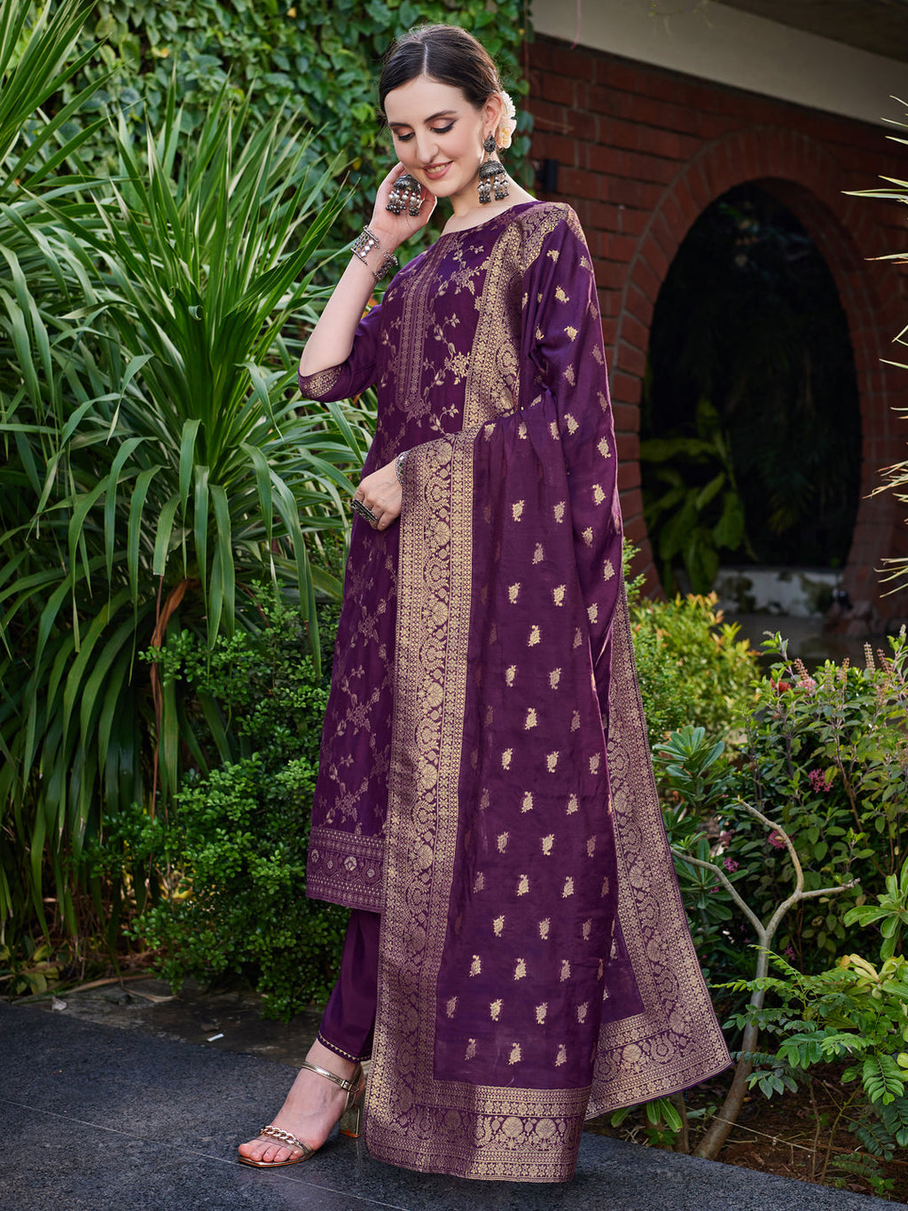 Pure Muslin Jacquard Banarasi Kurta With Pant & Dupatta Premium, Multicolor - Hiral Fashion | Grocsy