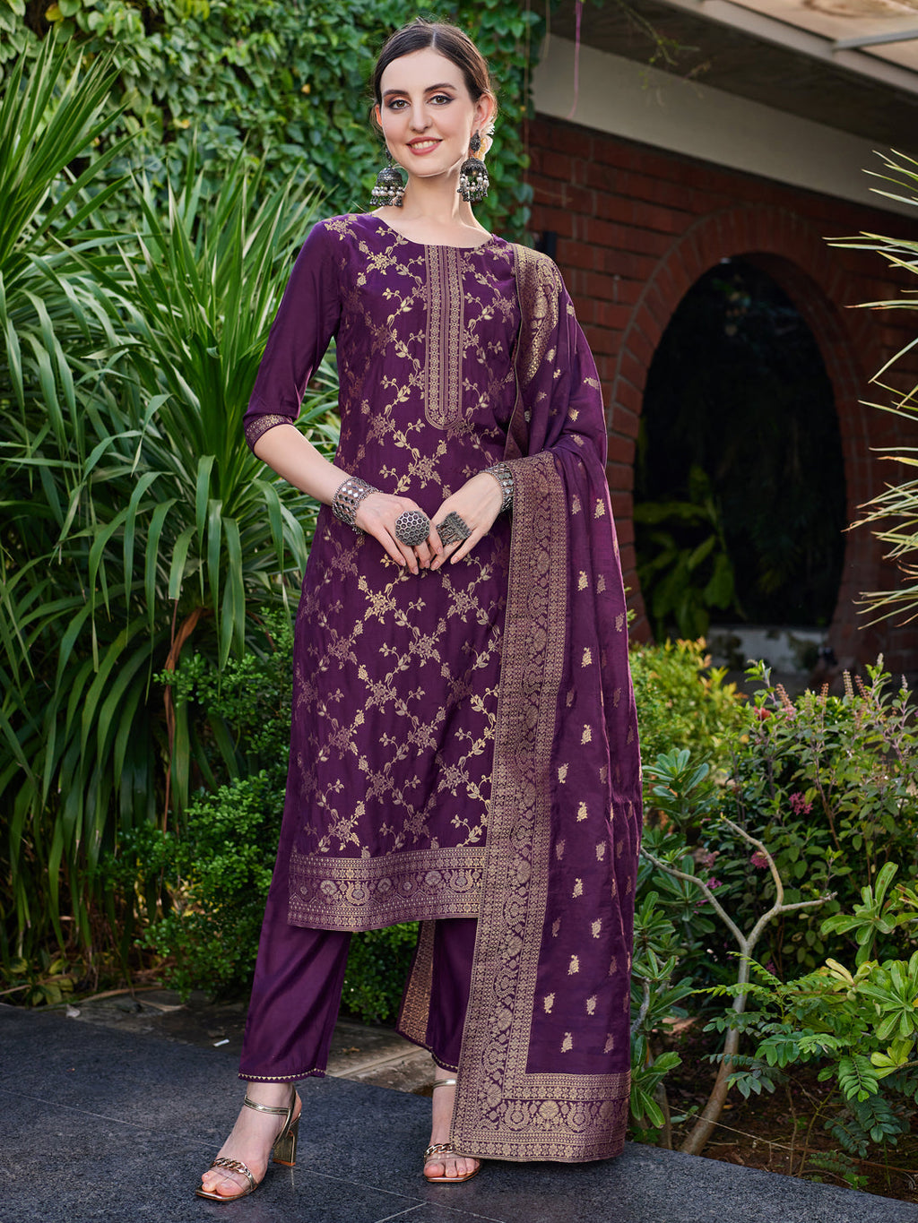 Pure Muslin Jacquard Banarasi Kurta With Pant & Dupatta Premium, Multicolor - Hiral Fashion | Grocsy