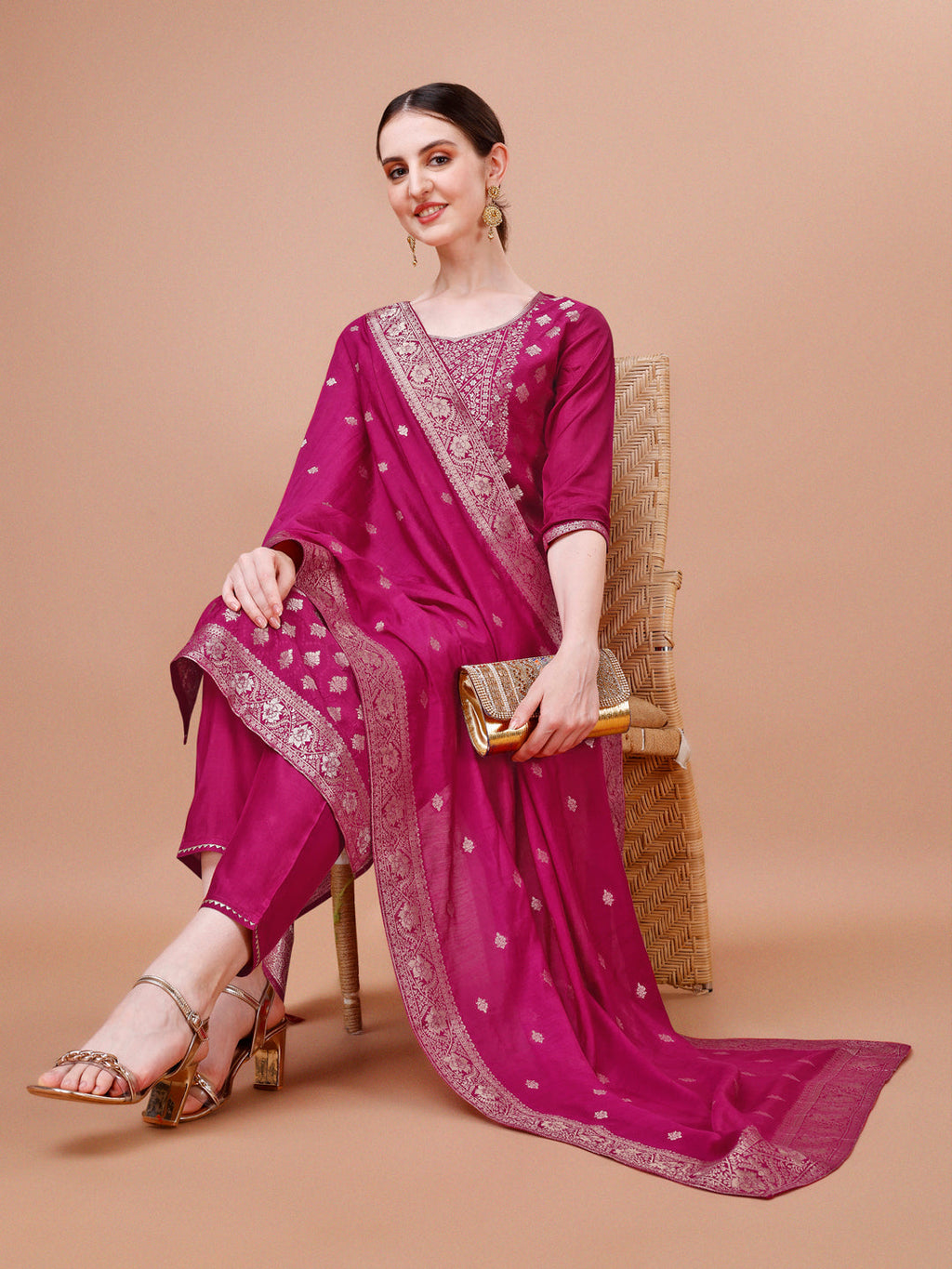 Pure Muslin Jacquard Kurta With Pant And Dupatta Set Premium, Multicolor - Hiral Fashion | Grocsy