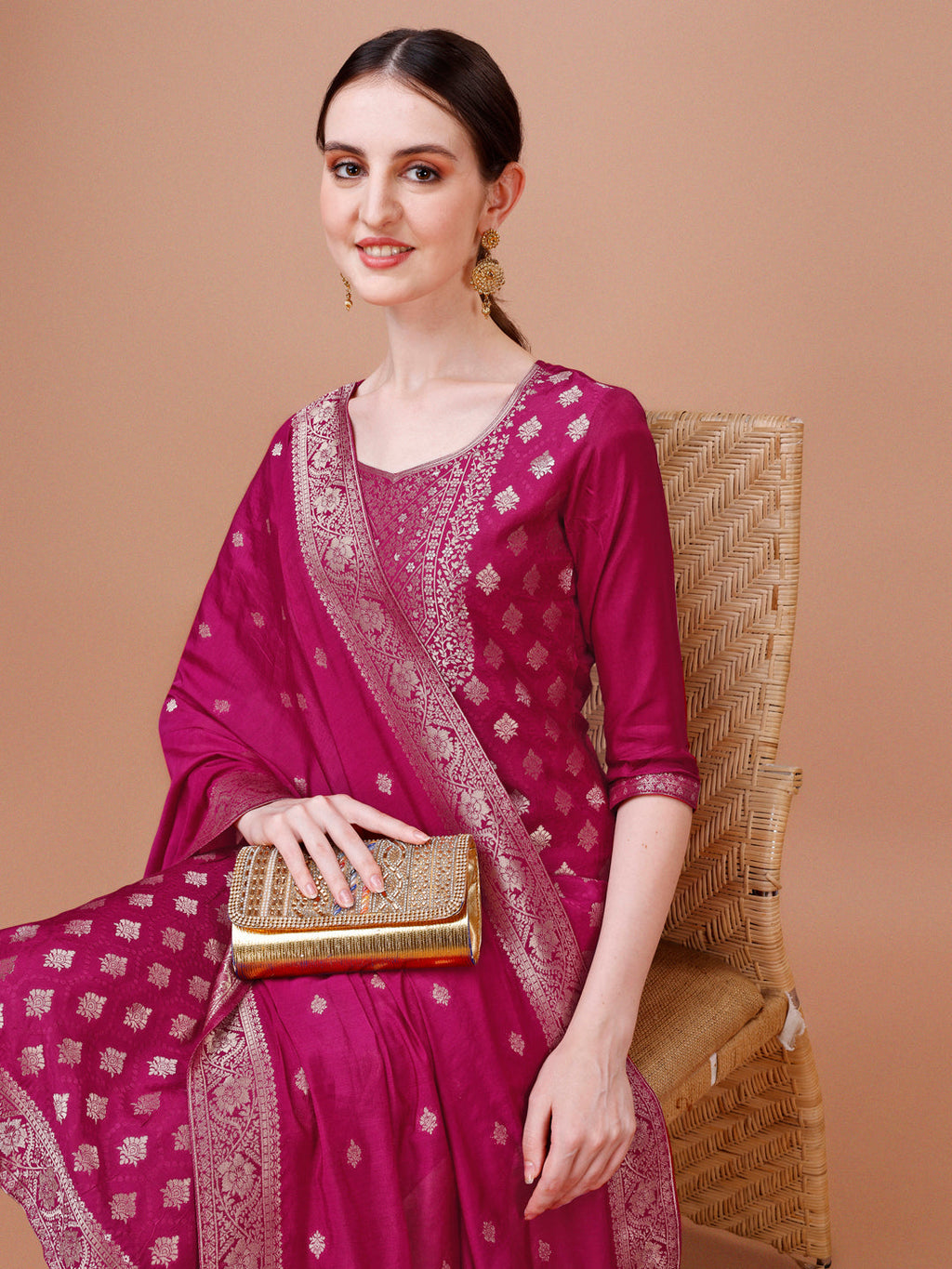 Pure Muslin Jacquard Kurta With Pant And Dupatta Set Premium, Multicolor - Hiral Fashion | Grocsy