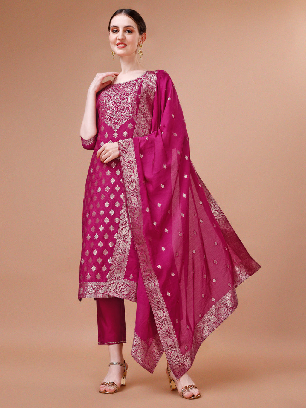 Pure Muslin Jacquard Kurta With Pant And Dupatta Set Premium, Multicolor - Hiral Fashion | Grocsy