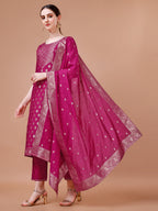 Pure Muslin Jacquard Kurta With Pant And Dupatta Set Premium, Multicolor - Hiral Fashion | Grocsy