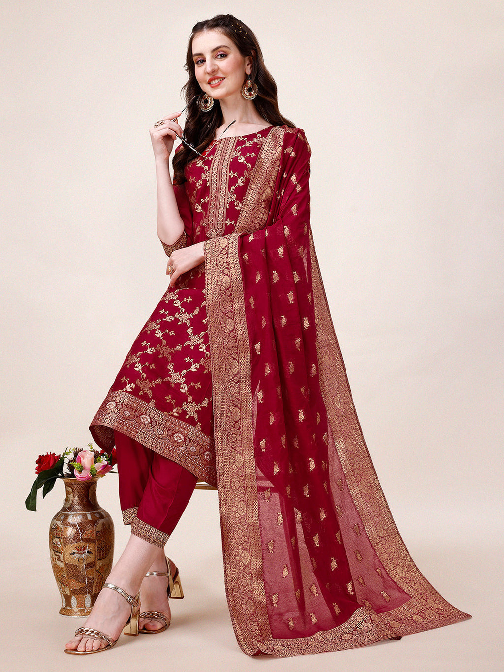 Pure Muslin Banarasi Jacquard Premium Kurta Trousers & Dupatta, Multicolor - Hiral Fashion | Grocsy