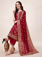 Pure Muslin Banarasi Jacquard Premium Kurta Trousers & Dupatta, Multicolor - Hiral Fashion | Grocsy