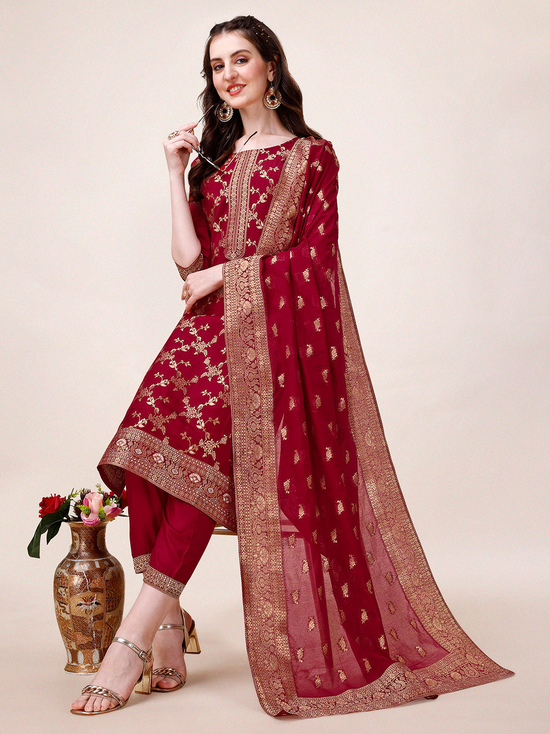 Pure Muslin Banarasi Jacquard Premium Kurta Trousers & Dupatta, Multicolor - Hiral Fashion | Grocsy
