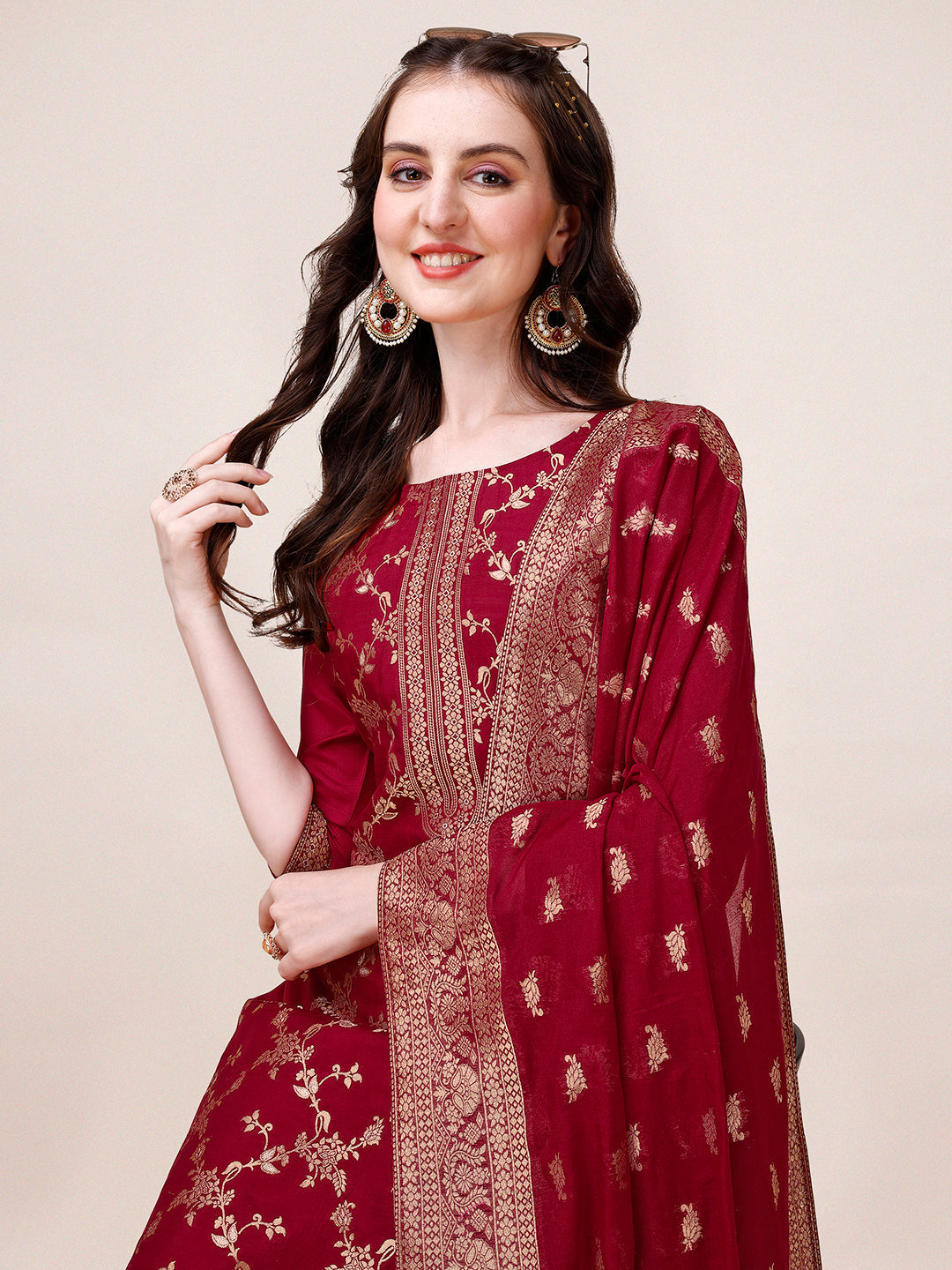 Pure Muslin Banarasi Jacquard Premium Kurta Trousers & Dupatta, Multicolor - Hiral Fashion | Grocsy