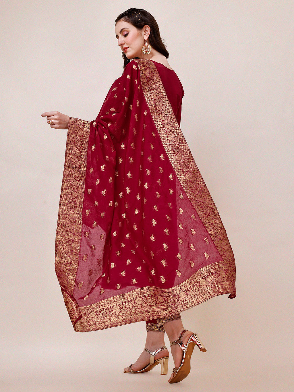Pure Muslin Banarasi Jacquard Premium Kurta Trousers & Dupatta, Multicolor - Hiral Fashion | Grocsy
