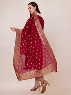 Pure Muslin Banarasi Jacquard Premium Kurta Trousers & Dupatta, Multicolor - Hiral Fashion | Grocsy