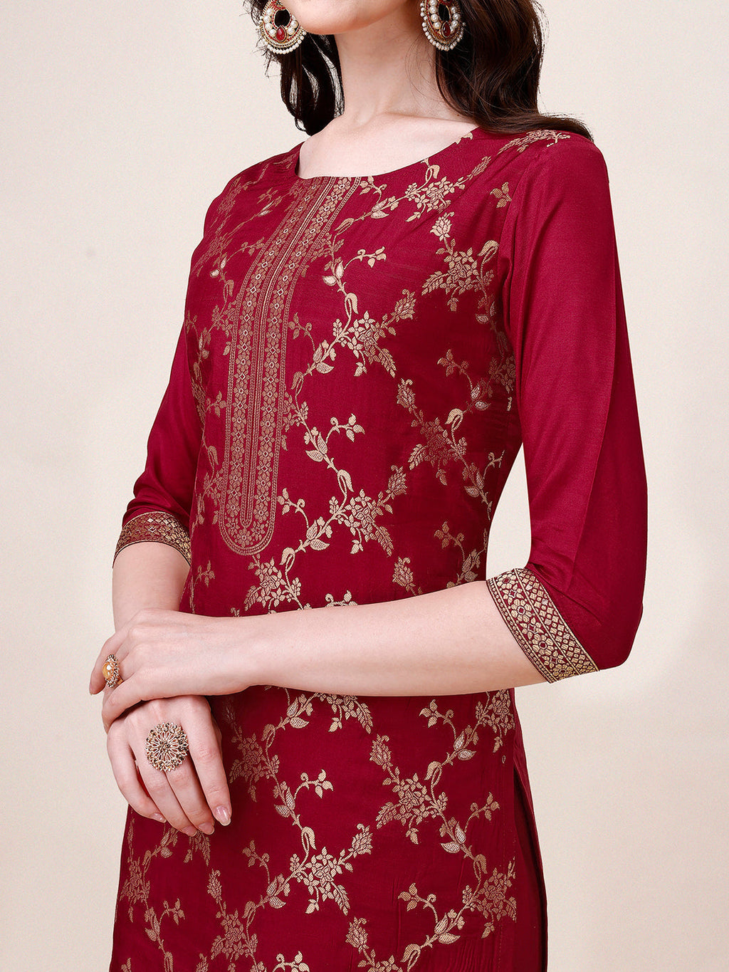 Pure Muslin Banarasi Jacquard Premium Kurta Trousers & Dupatta, Multicolor - Hiral Fashion | Grocsy