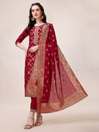 Pure Muslin Banarasi Jacquard Premium Kurta Trousers & Dupatta, Multicolor - Hiral Fashion | Grocsy