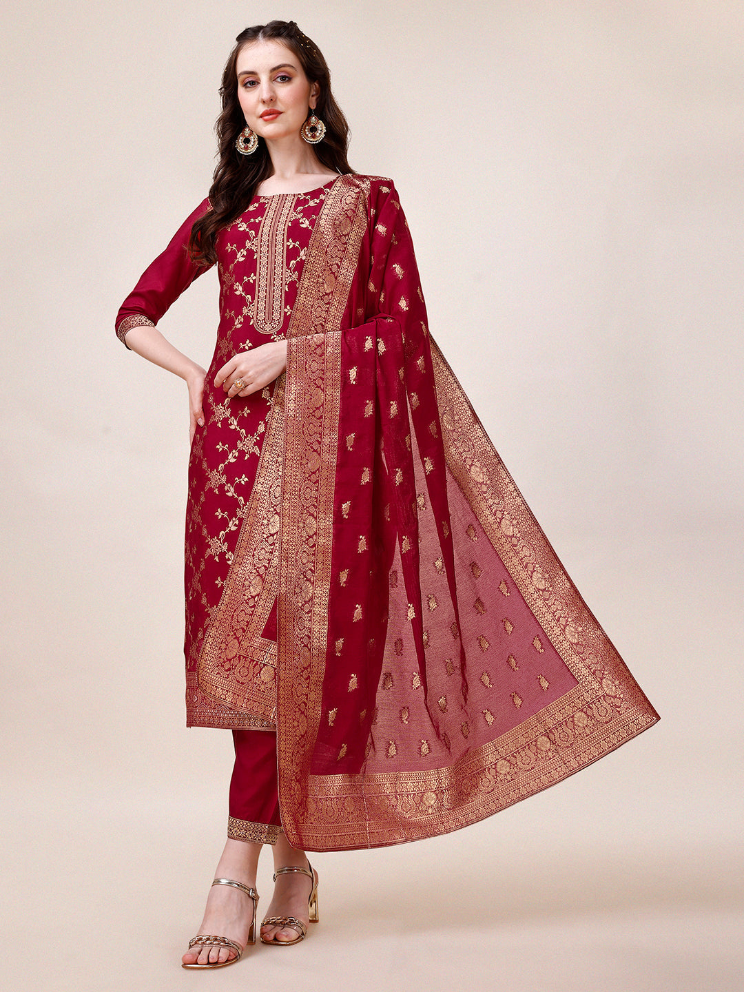 Pure Muslin Banarasi Jacquard Premium Kurta Trousers & Dupatta, Multicolor - Hiral Fashion | Grocsy