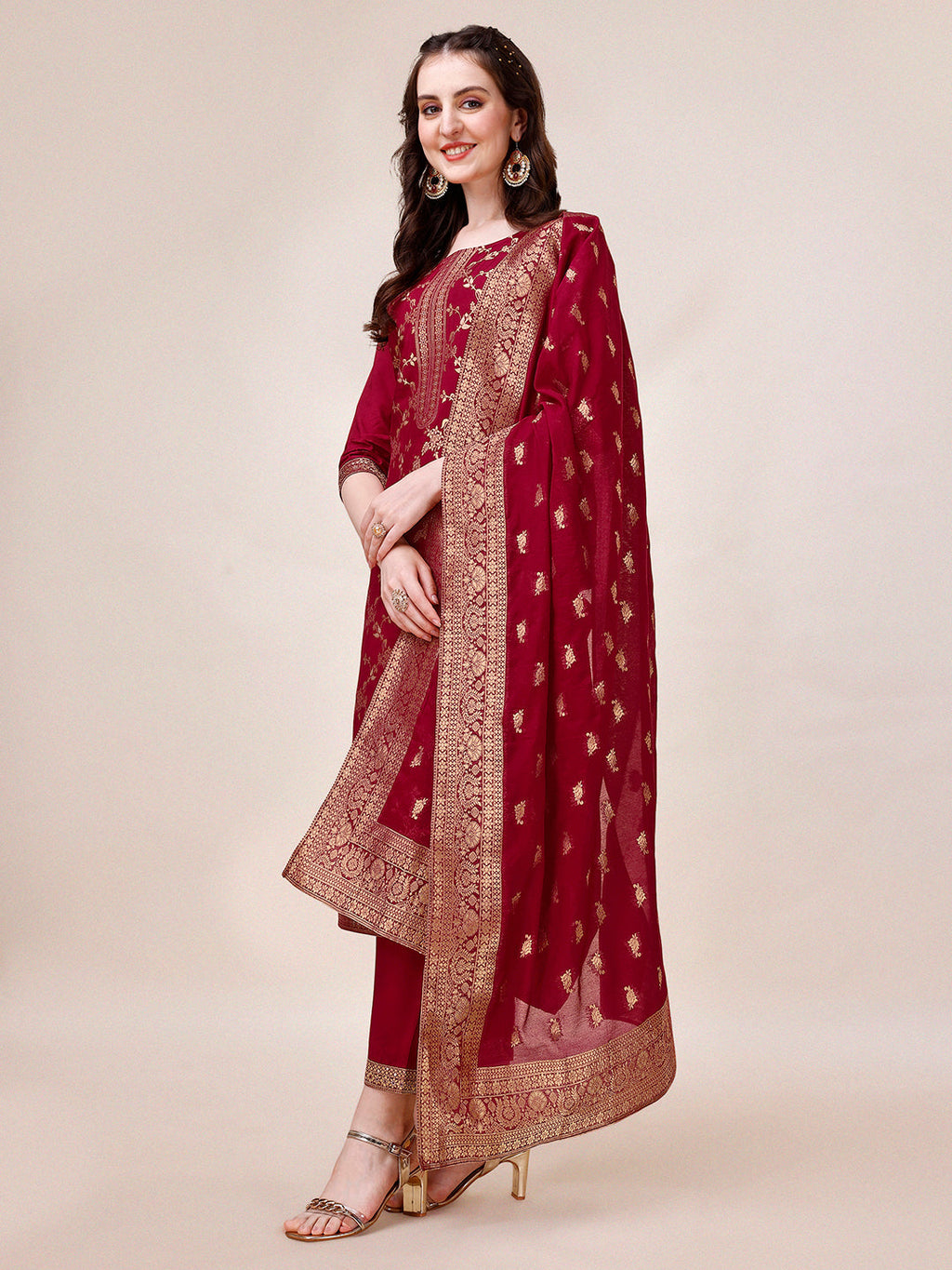 Pure Muslin Banarasi Jacquard Premium Kurta Trousers & Dupatta, Multicolor - Hiral Fashion | Grocsy