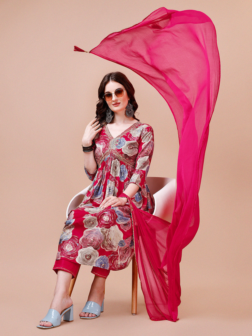 Alia Cut Floral Printed & Embroidered Rayon Kurta With Pant & Dupatta, Multicolor - Hiral Fashion | Grocsy