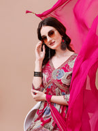 Alia Cut Floral Printed & Embroidered Rayon Kurta With Pant & Dupatta, Multicolor - Hiral Fashion | Grocsy