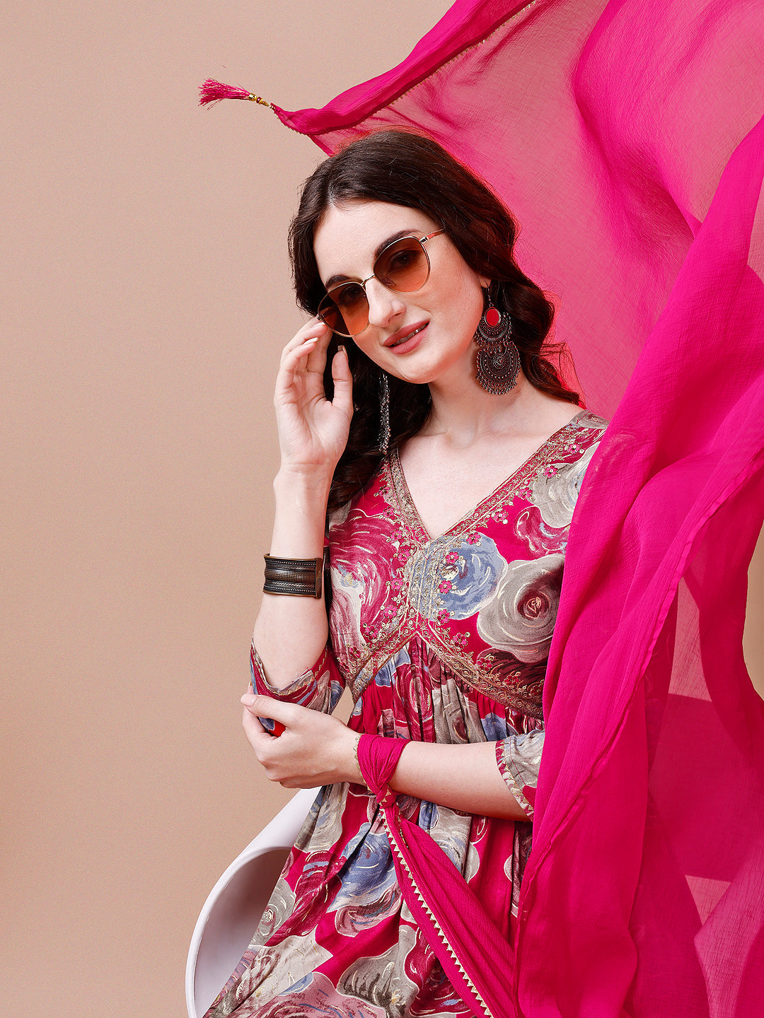 Alia Cut Floral Printed & Embroidered Rayon Kurta With Pant & Dupatta, Multicolor - Hiral Fashion | Grocsy