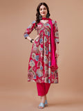 Alia Cut Floral Printed & Embroidered Rayon Kurta With Pant & Dupatta, Multicolor - Hiral Fashion | Grocsy