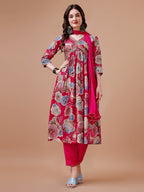 Alia Cut Floral Printed & Embroidered Rayon Kurta With Pant & Dupatta, Multicolor - Hiral Fashion | Grocsy