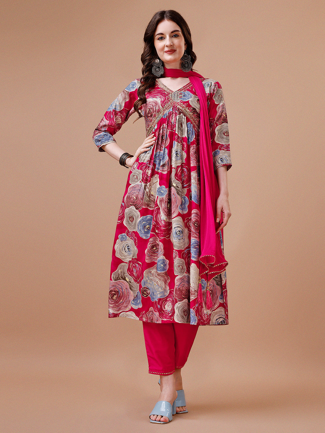 Alia Cut Floral Printed & Embroidered Rayon Kurta With Pant & Dupatta, Multicolor - Hiral Fashion | Grocsy