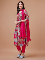 Alia Cut Floral Printed & Embroidered Rayon Kurta With Pant & Dupatta, Multicolor - Hiral Fashion | Grocsy