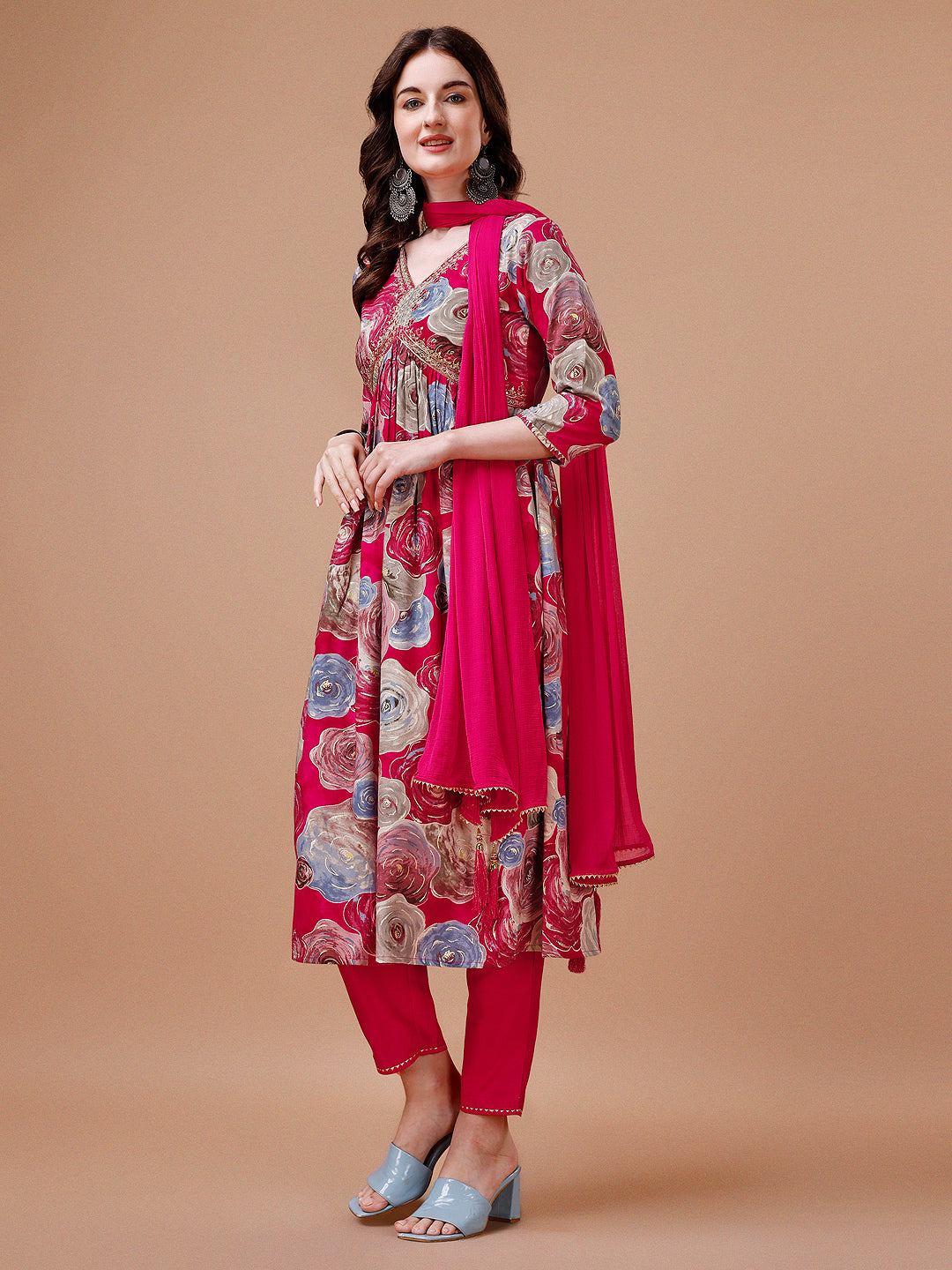 Alia Cut Floral Printed & Embroidered Rayon Kurta With Pant & Dupatta, Multicolor - Hiral Fashion | Grocsy