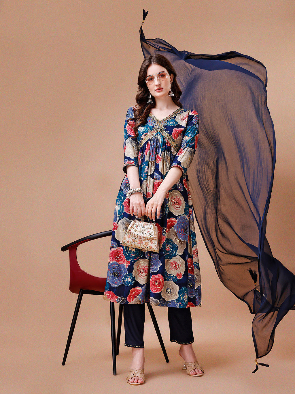 Alia Cut Floral Printed & Embroidered Rayon Kurta With Pant & Dupatta, Multicolor - Hiral Fashion | Grocsy