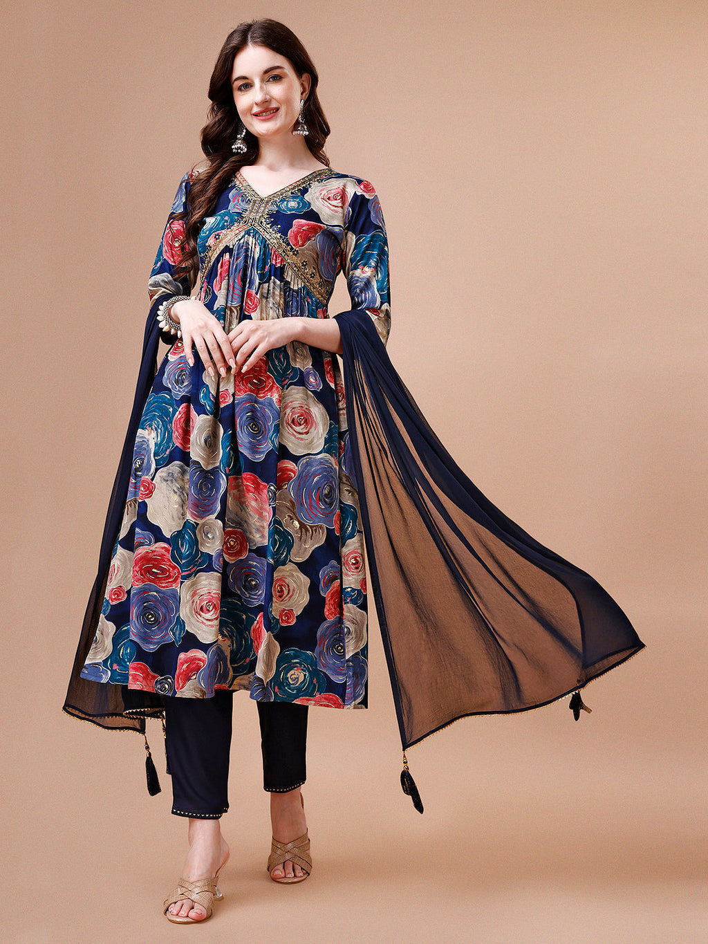 Alia Cut Floral Printed & Embroidered Rayon Kurta With Pant & Dupatta, Multicolor - Hiral Fashion | Grocsy