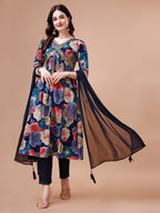 Alia Cut Floral Printed & Embroidered Rayon Kurta With Pant & Dupatta, Multicolor - Hiral Fashion | Grocsy