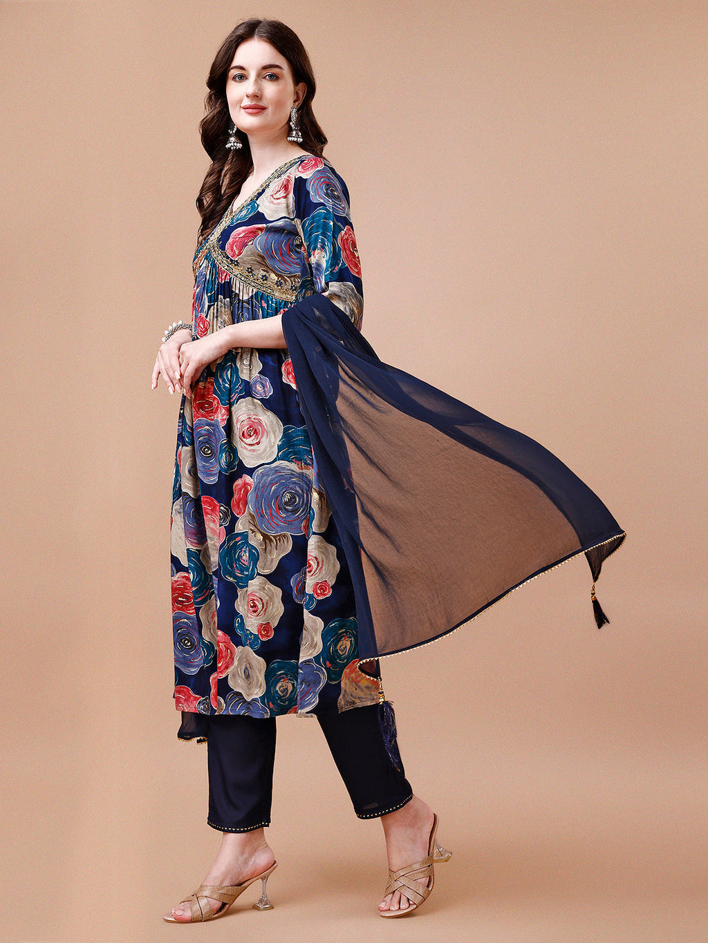 Alia Cut Floral Printed & Embroidered Rayon Kurta With Pant & Dupatta, Multicolor - Hiral Fashion | Grocsy