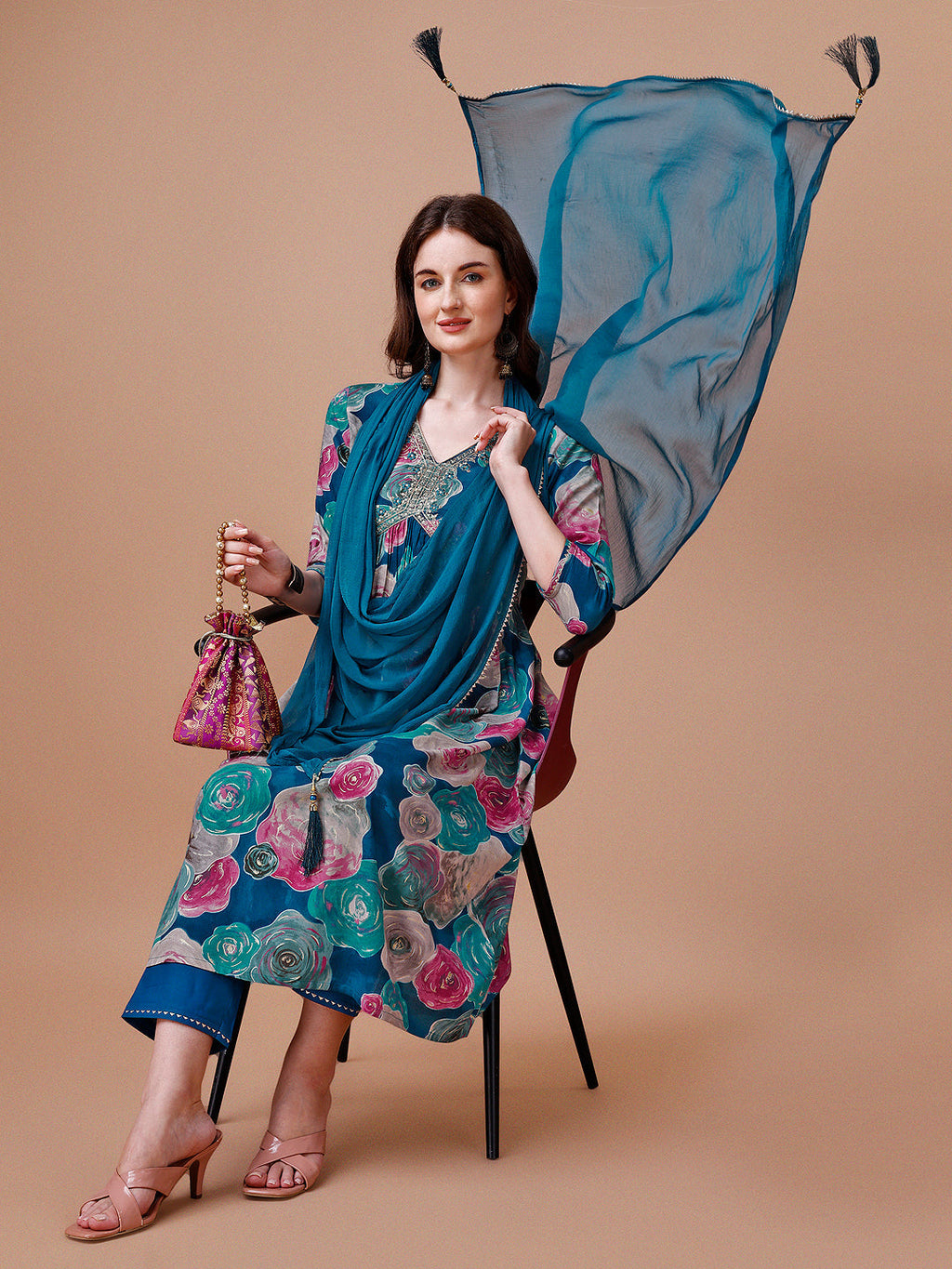 Alia Cut Floral Printed & Embroidered Rayon Kurta With Pant & Dupatta, Multicolor - Hiral Fashion | Grocsy